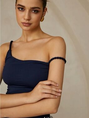 COMMENSE Asymmetrical Navy Tank w/Braided Straps, Size XL, NWT (sold out online)